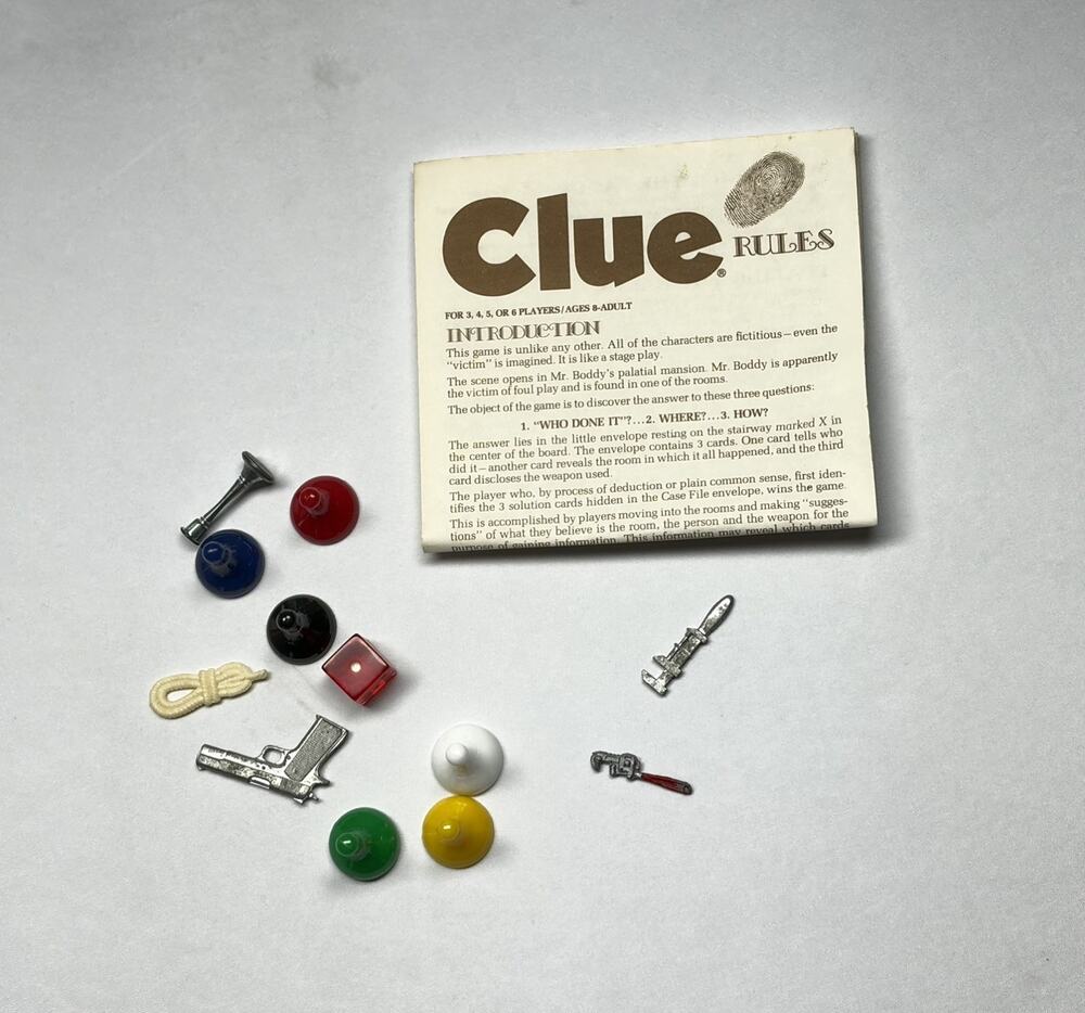 Vintage 1950s Clue Board Game Replacement Parts Weapons Pawns Rules Parker Bros